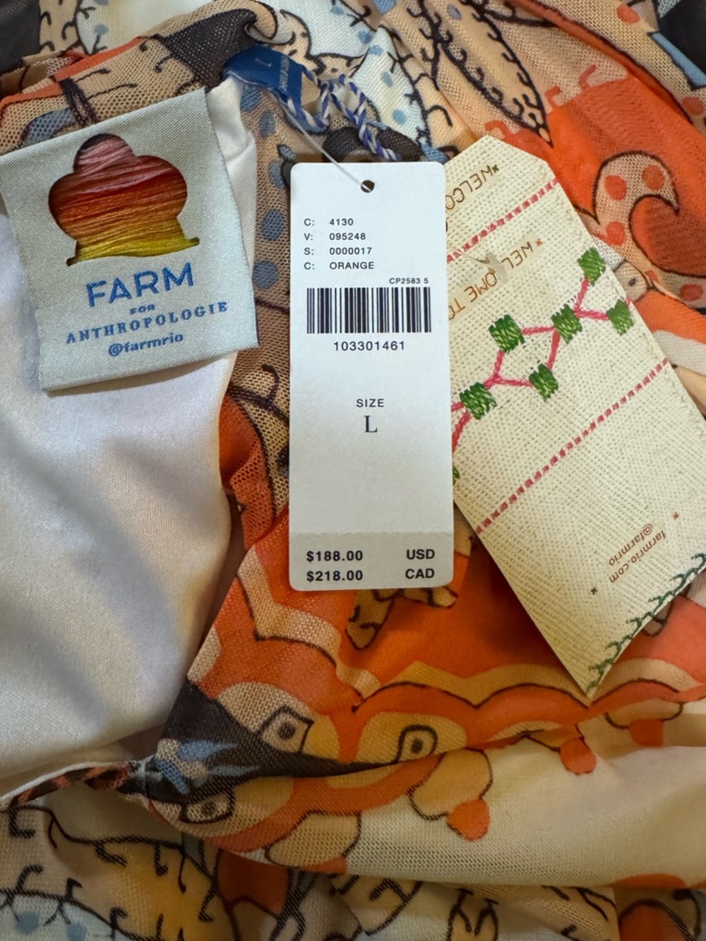 Farm Rio Long-Sleeve Mock-Neck Mesh Slim Midi Dress - Orange Bandana L - Picture 10 of 10